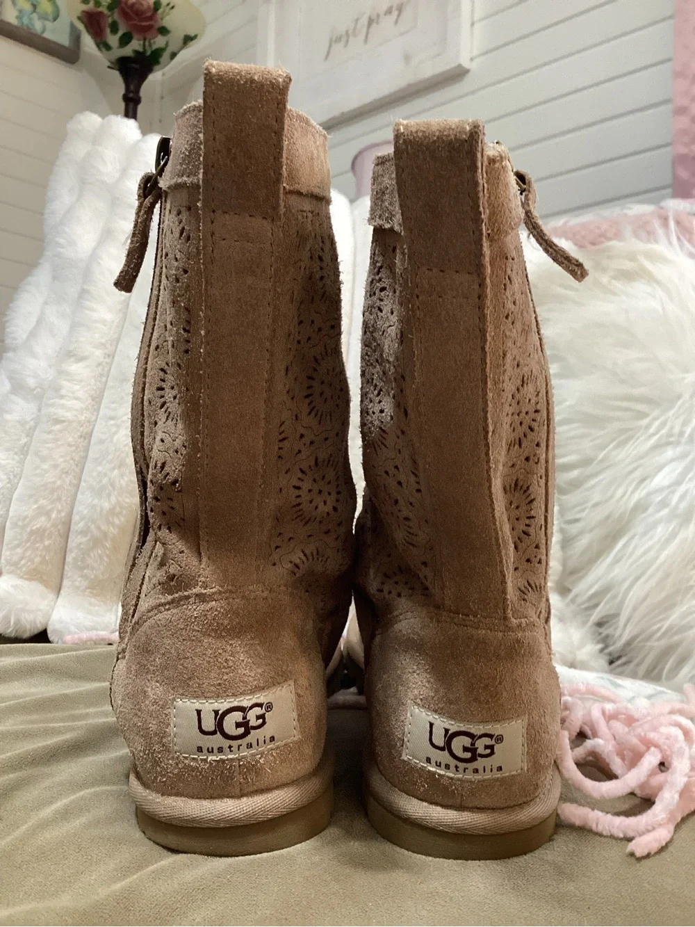 UGG Lo-Pro Shprt Perf Taupe Laser-Cut Suede Mid-Calf Boots